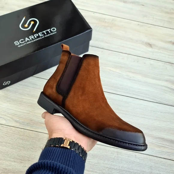 Tobacco Men's Chelsea Genuine Suede Leather Boots - Picture 2 of 6